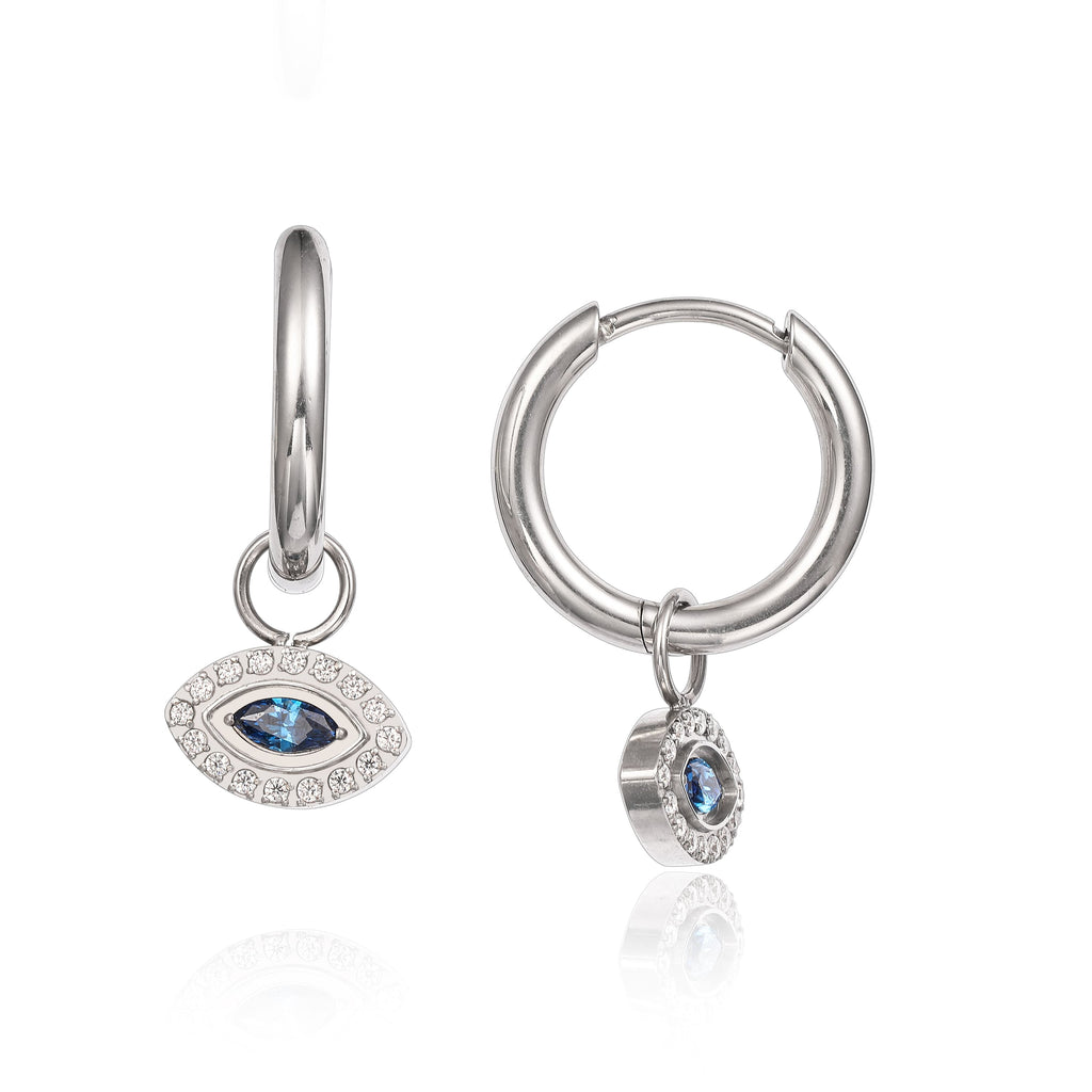 Limerencia Hypoallergenic Pure Titanium Post Lightweight Dangle Huggie Earrings for Women | Vertical Bar, Cross, Moon, Lightning | Dainty Earrings (Evil Eye)