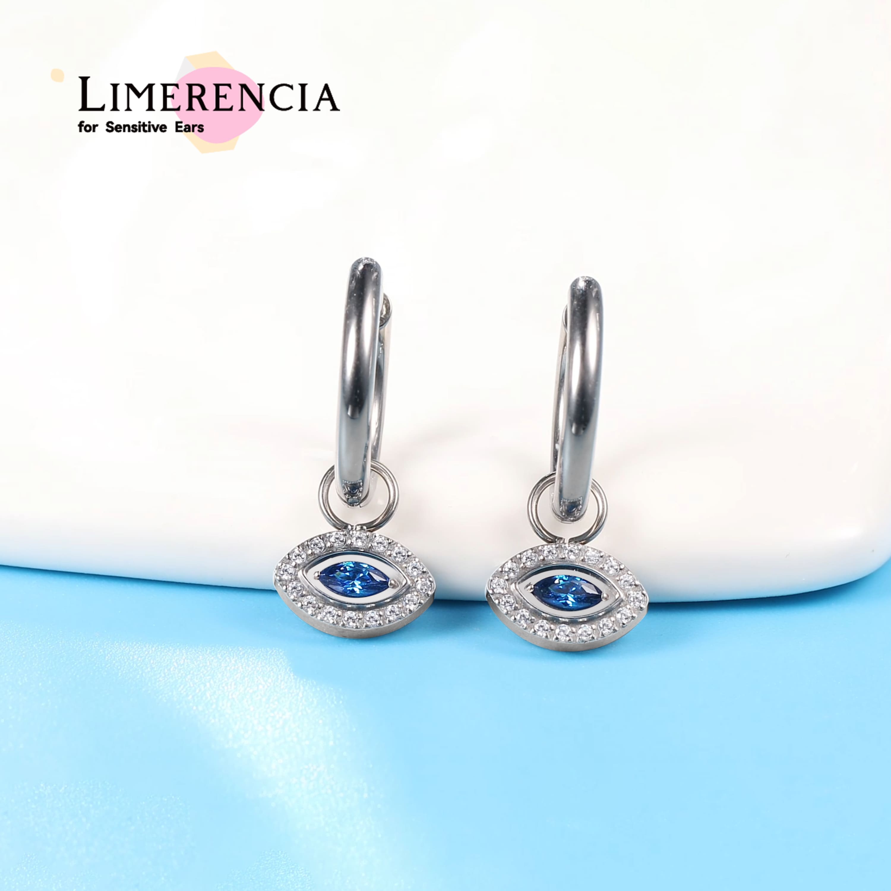 Limerencia Hypoallergenic Pure Titanium Post Lightweight Dangle Huggie Earrings for Women | Vertical Bar, Cross, Moon, Lightning | Dainty Earrings (Evil Eye)