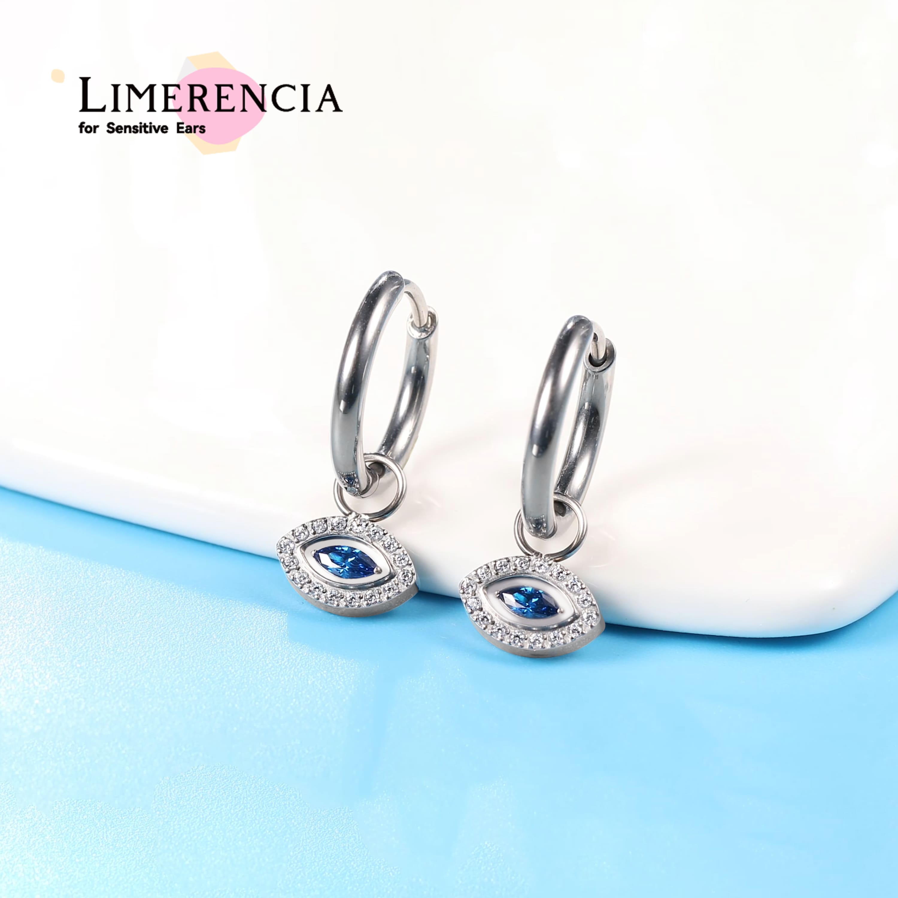 Limerencia Hypoallergenic Pure Titanium Post Lightweight Dangle Huggie Earrings for Women | Vertical Bar, Cross, Moon, Lightning | Dainty Earrings (Evil Eye)