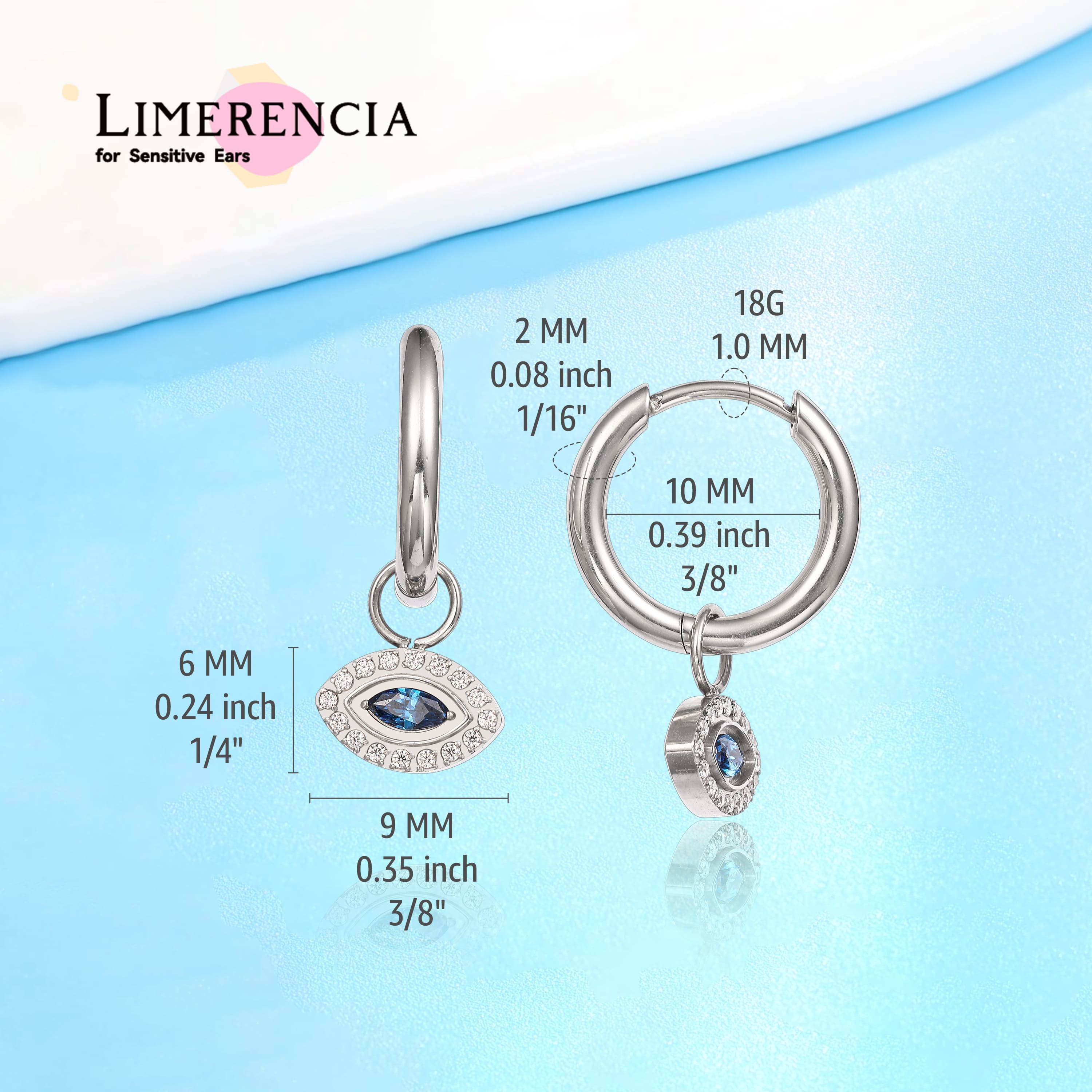 Limerencia Hypoallergenic Pure Titanium Post Lightweight Dangle Huggie Earrings for Women | Vertical Bar, Cross, Moon, Lightning | Dainty Earrings (Evil Eye)