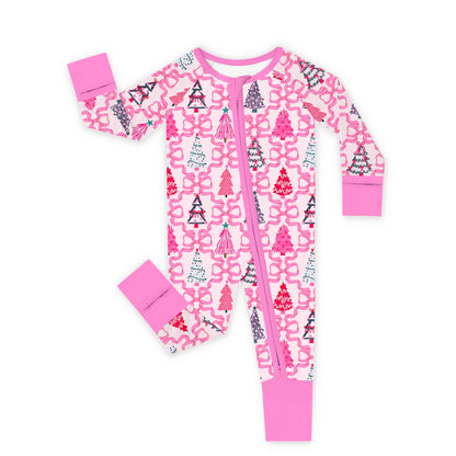 Christmas Coquette Bow Trees Baby Bamboo Zipper Pajama Romper