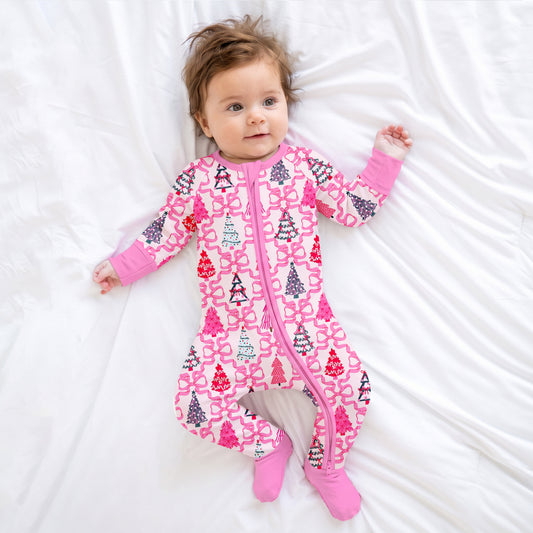 Christmas Coquette Bow Trees Baby Bamboo Zipper Pajama Romper