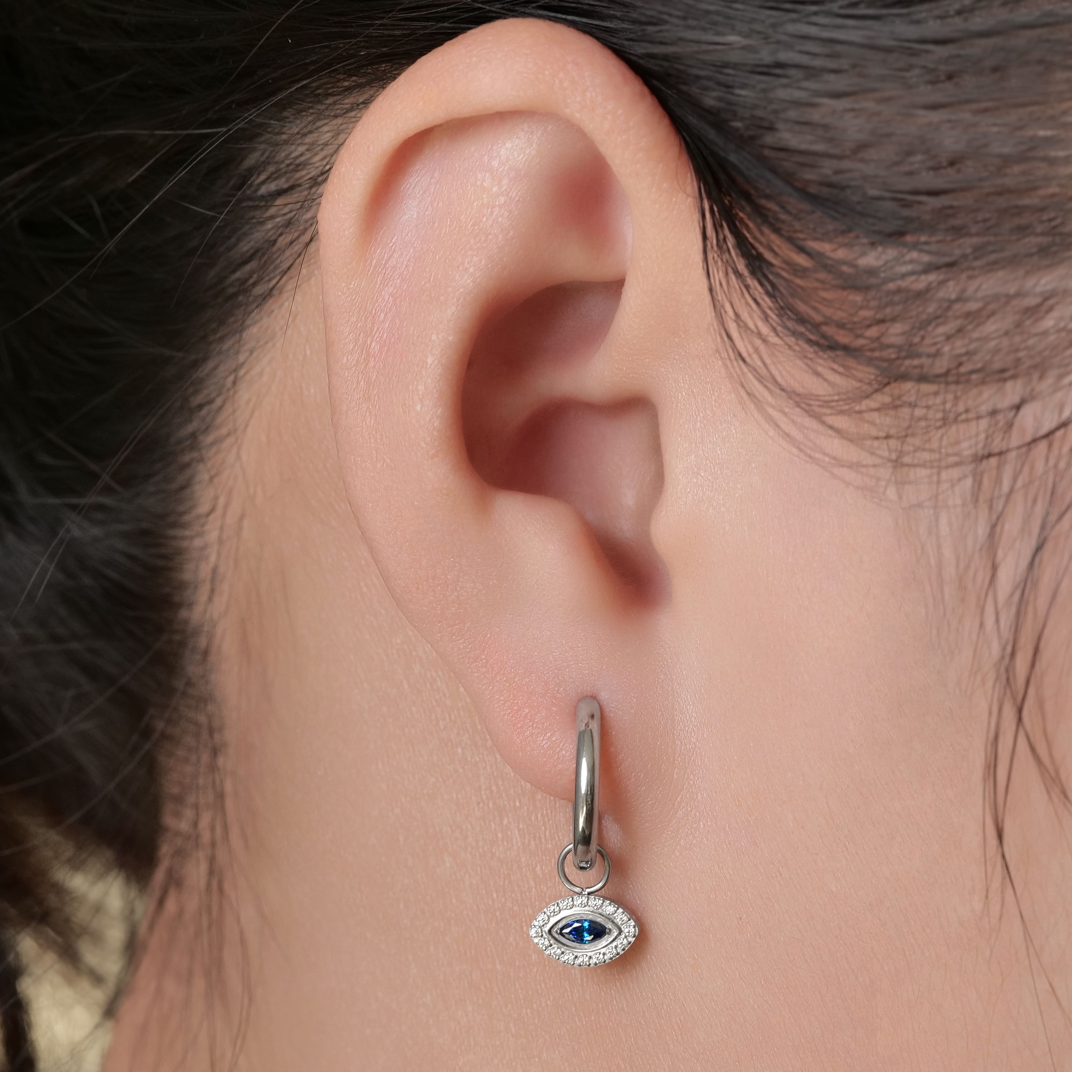 Limerencia Hypoallergenic Pure Titanium Post Lightweight Dangle Huggie Earrings for Women | Vertical Bar, Cross, Moon, Lightning | Dainty Earrings (Evil Eye)