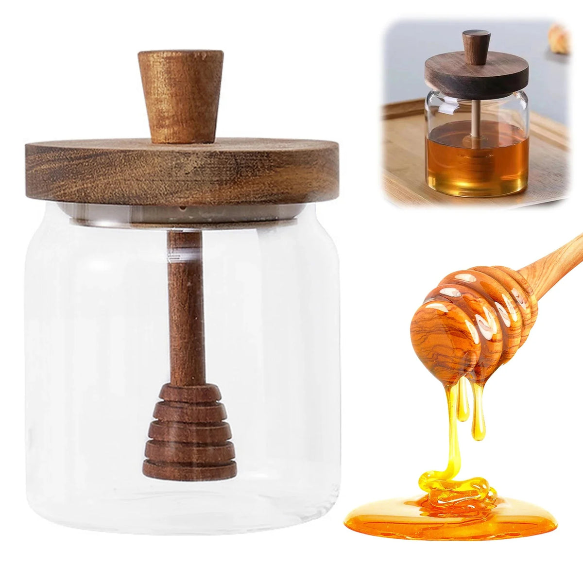 Airtight Glass Honey Jar with Wooden Dipper – Premium Syrup Dispenser & Kitchen Storage Container