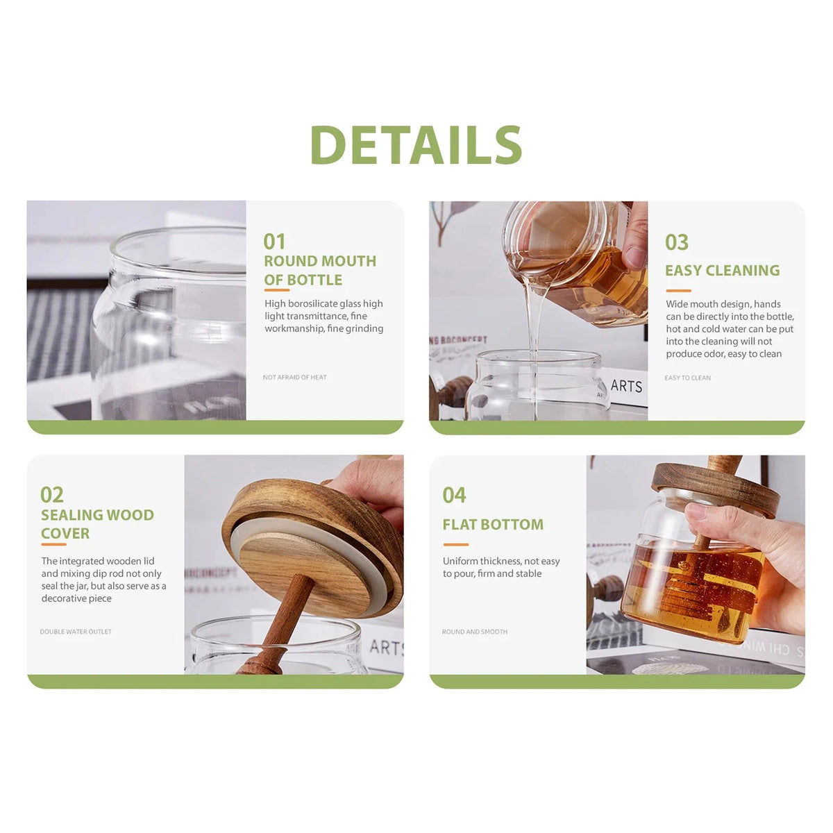 Airtight Glass Honey Jar with Wooden Dipper – Premium Syrup Dispenser & Kitchen Storage Container