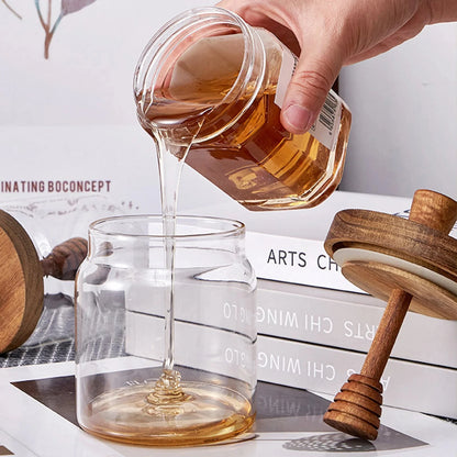 Airtight Glass Honey Jar with Wooden Dipper – Premium Syrup Dispenser & Kitchen Storage Container