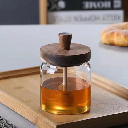 Airtight Glass Honey Jar with Wooden Dipper – Premium Syrup Dispenser & Kitchen Storage Container
