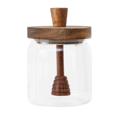 Airtight Glass Honey Jar with Wooden Dipper – Premium Syrup Dispenser & Kitchen Storage Container