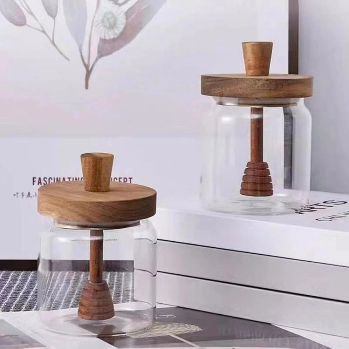 Airtight Glass Honey Jar with Wooden Dipper – Premium Syrup Dispenser & Kitchen Storage Container