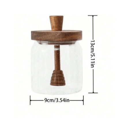 Airtight Glass Honey Jar with Wooden Dipper – Premium Syrup Dispenser & Kitchen Storage Container