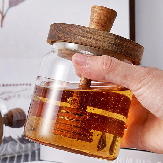 Airtight Glass Honey Jar with Wooden Dipper – Premium Syrup Dispenser & Kitchen Storage Container