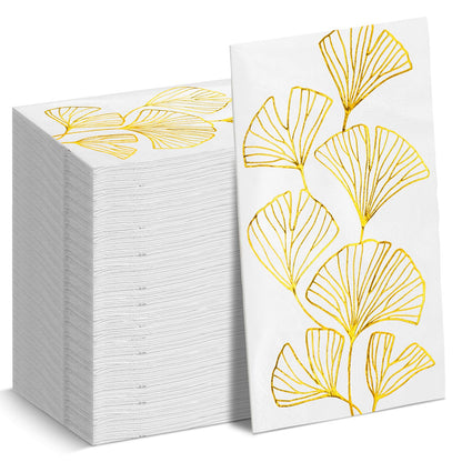 Pasimy 100 Pcs Gold Foil Napkins Disposable Bulk Ginkgo Leaf Napkins 2 Ply White Napkins with Gold Leaf Cocktail Dinner Guest Napkins Paper Hand Towel for Bathroom Birthday Wedding Shower Decor Supply